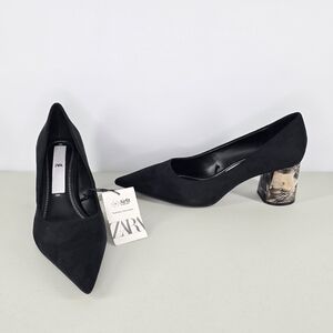 NWT ZARA Black Faux Suede Pointed Toe Tortoise Block Heel Pumps Size 40 (US 9)